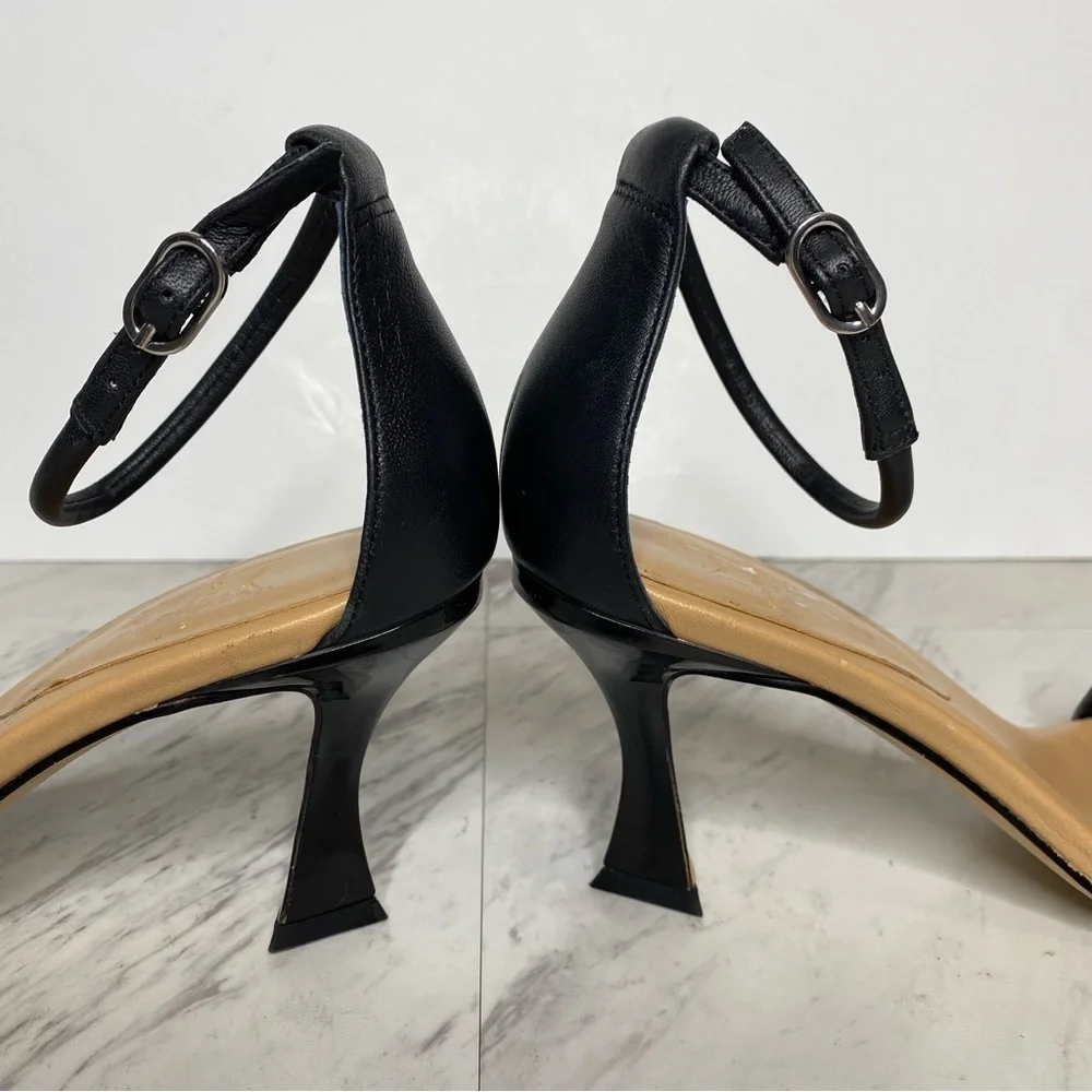 New! Marc Fisher Derine Black Leather Square Toe Heeled Sandal 7 1/2